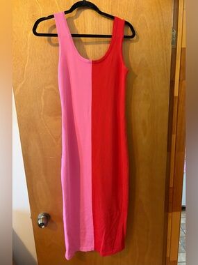 Ronny Kobo Collection Pink and Red Colorblock Midi Knit Dress